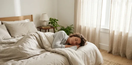 Consejos para tener un sueño reparador Mujer estirada en la cama de un dormitorio tapada con una manta descansando