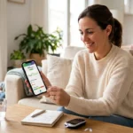 Tecnología y aplicaciones móviles para la diabetes: herramientas para la gestión diaria Mujer en el salón de su casa sonriente mirando la pantalla de su móvil con datos de control de diabetes