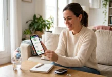 Tecnología y aplicaciones móviles para la diabetes: herramientas para la gestión diaria Mujer en el salón de su casa sonriente mirando la pantalla de su móvil con datos de control de diabetes