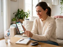 Mujer en el salón de su casa sonriente mirando la pantalla de su móvil con datos de control de diabetes
