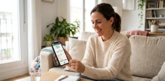 Tecnología y aplicaciones móviles para la diabetes: herramientas para la gestión diaria Mujer en el salón de su casa sonriente mirando la pantalla de su móvil con datos de control de diabetes