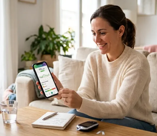 Mujer en el salón de su casa sonriente mirando la pantalla de su móvil con datos de control de diabetes