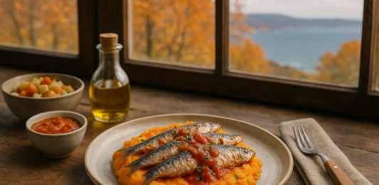 Un plato con sardinas sobre una base de puré de verduras o boniato. Al lado de una ventana, y al fondo se ve el mar y un paisaje otoñal