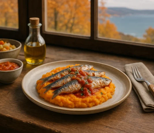 Un plato con sardinas sobre una base de puré de verduras o boniato. Al lado de una ventana, y al fondo se ve el mar y un paisaje otoñal