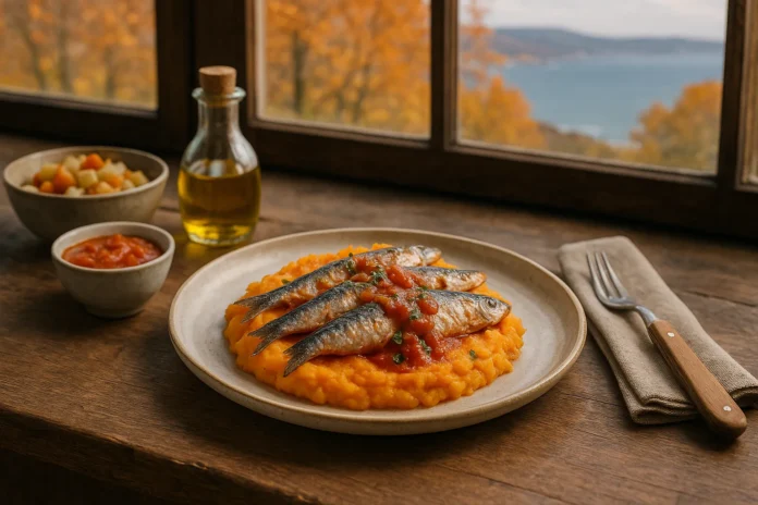 Un plato con sardinas sobre una base de puré de verduras o boniato. Al lado de una ventana, y al fondo se ve el mar y un paisaje otoñal
