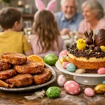 Torrijas caseras y mona de Pascua con huevos de chocolate en mesa familiar de Semana Santa, con niños y abuelos al fondo disfrutando juntos