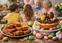 Torrijas caseras y mona de Pascua con huevos de chocolate en mesa familiar de Semana Santa, con niños y abuelos al fondo disfrutando juntos