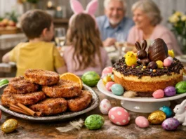 Torrijas caseras y mona de Pascua con huevos de chocolate en mesa familiar de Semana Santa, con niños y abuelos al fondo disfrutando juntos