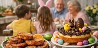 Torrijas caseras y mona de Pascua con huevos de chocolate en mesa familiar de Semana Santa, con niños y abuelos al fondo disfrutando juntos