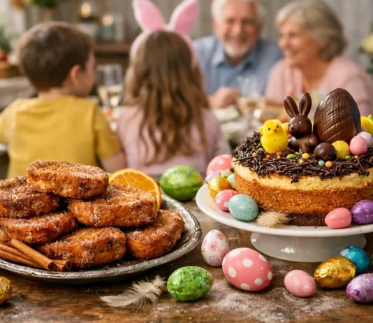 Torrijas, monas y Semana Santa: cómo disfrutar de los dulces tradicionales si tienes diabetes Torrijas caseras y mona de Pascua con huevos de chocolate en mesa familiar de Semana Santa, con niños y abuelos al fondo disfrutando juntos