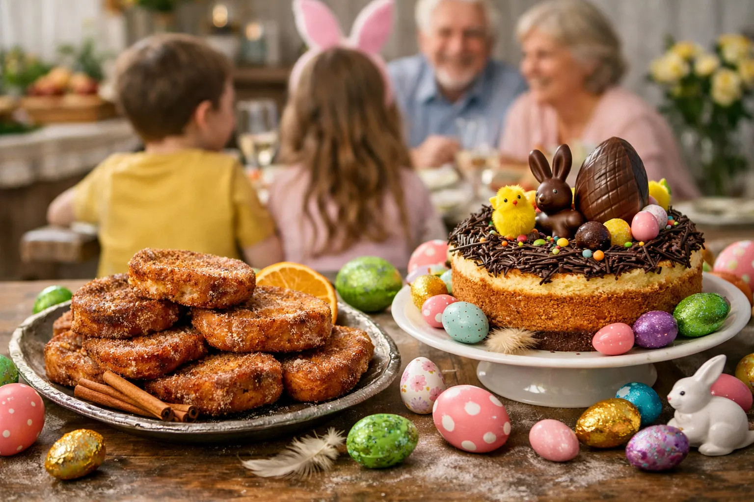 Torrijas caseras y mona de Pascua con huevos de chocolate en mesa familiar de Semana Santa, con niños y abuelos al fondo disfrutando juntos