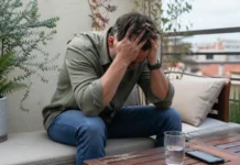 Persona con estrés emocional sentada en la terraza de casa, con la cabeza entre las manos, representando el burnout en diabetes y el agotamiento mental cotidiano