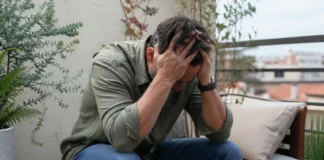 Persona con estrés emocional sentada en la terraza de casa, con la cabeza entre las manos, representando el burnout en diabetes y el agotamiento mental cotidiano
