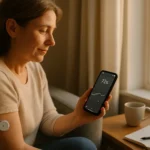 Una chica al lado de una ventana, mira la pantalla de su móvil, los datos de tiempo en el rango, de los datos de su diabetes