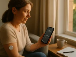 Una chica al lado de una ventana, mira la pantalla de su móvil, los datos de tiempo en el rango, de los datos de su diabetes