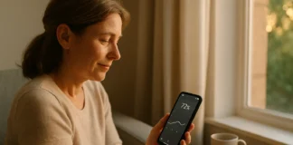 Una chica al lado de una ventana, mira la pantalla de su móvil, los datos de tiempo en el rango, de los datos de su diabetes