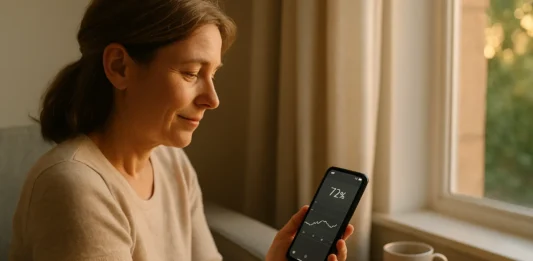 Una chica al lado de una ventana, mira la pantalla de su móvil, los datos de tiempo en el rango, de los datos de su diabetes