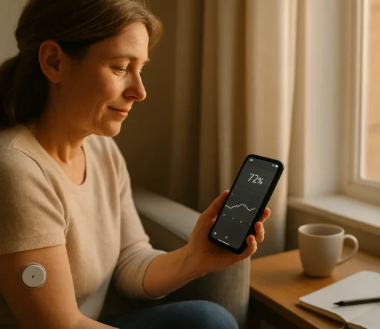 «Tiempo en Rango»: la métrica que está cambiando la forma de vivir con diabetes Una chica al lado de una ventana, mira la pantalla de su móvil, los datos de tiempo en el rango, de los datos de su diabetes