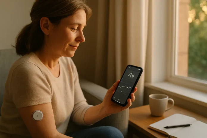 Una chica al lado de una ventana, mira la pantalla de su móvil, los datos de tiempo en el rango, de los datos de su diabetes