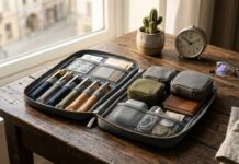 Guía práctica para conservar la insulina: temperatura, viaje y seguridad Estuche de insulina abierto sobre la mesa, mostrando su contenido, encima de una mesa de madera oscura y al lado de una ventana