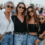 Cuatro generaciones de mujeres modernas en un festival, abuela, madre, hija y niña con gorra, representando estilo de vida activo y convivencia con diabetes