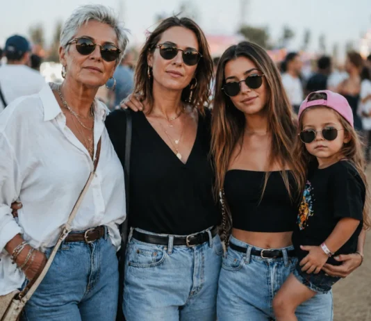 Cuatro generaciones de mujeres modernas en un festival, abuela, madre, hija y niña con gorra, representando estilo de vida activo y convivencia con diabetes