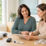 Mujer con diabetes tipo 1 revisa su salud metabólica con una profesional sanitaria, junto a un glucómetro y un dispositivo de punción