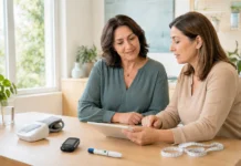 Diabetes doble: qué significa tener diabetes tipo 1 y resistencia a la insulina Mujer con diabetes tipo 1 revisa su salud metabólica con una profesional sanitaria, junto a un glucómetro y un dispositivo de punción