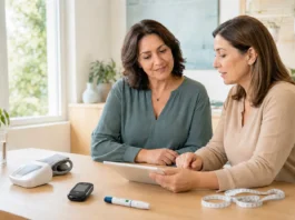 Mujer con diabetes tipo 1 revisa su salud metabólica con una profesional sanitaria, junto a un glucómetro y un dispositivo de punción
