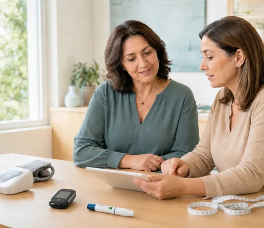 Diabetes doble: qué significa tener diabetes tipo 1 y resistencia a la insulina Mujer con diabetes tipo 1 revisa su salud metabólica con una profesional sanitaria, junto a un glucómetro y un dispositivo de punción