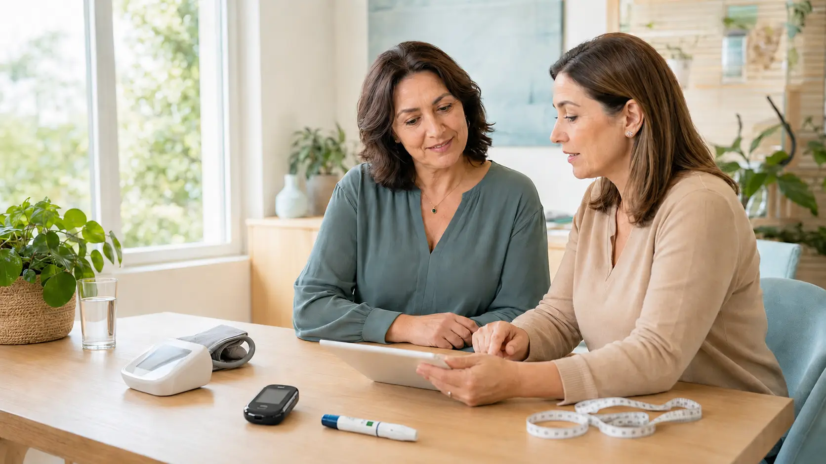 Mujer con diabetes tipo 1 revisa su salud metabólica con una profesional sanitaria, junto a un glucómetro y un dispositivo de punción