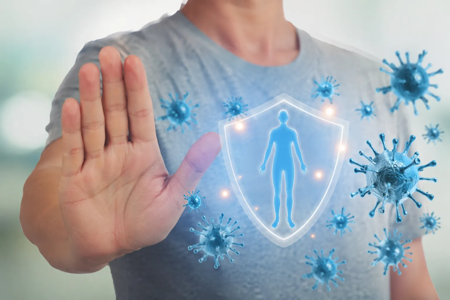 Ilustración realista del sistema inmunológico protegiendo el cuerpo frente a virus en una persona con diabetes, representación de las defensas del organismo