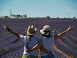 Dos mujeres de espaldas, con los brazos en alto, abrazadas en un campo de lavanda al atardecer.