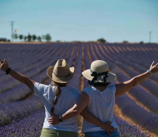 Dos mujeres de espaldas, con los brazos en alto, abrazadas en un campo de lavanda al atardecer.