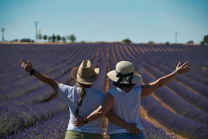 Día internacional de la mujer Dos mujeres de espaldas, con los brazos en alto, abrazadas en un campo de lavanda al atardecer.