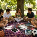 Aprender a cocinar con diabetes lejos de casa: la guía realista para estudiantes y principiantes Grupo de estudiantes universitarios comiendo de tápers en un picnic improvisado bajo un árbol en un parque, sentados sobre un foulard colorido con libros, iPads, revistas y balones alrededor, en un ambiente relajado y social
