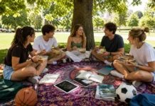 Grupo de estudiantes universitarios comiendo de tápers en un picnic improvisado bajo un árbol en un parque, sentados sobre un foulard colorido con libros, iPads, revistas y balones alrededor, en un ambiente relajado y social