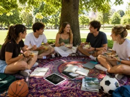 Aprender a cocinar con diabetes lejos de casa: la guía realista para estudiantes y principiantes Grupo de estudiantes universitarios comiendo de tápers en un picnic improvisado bajo un árbol en un parque, sentados sobre un foulard colorido con libros, iPads, revistas y balones alrededor, en un ambiente relajado y social