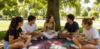 Grupo de estudiantes universitarios comiendo de tápers en un picnic improvisado bajo un árbol en un parque, sentados sobre un foulard colorido con libros, iPads, revistas y balones alrededor, en un ambiente relajado y social