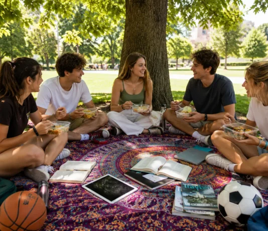 Aprender a cocinar con diabetes lejos de casa: la guía realista para estudiantes y principiantes Grupo de estudiantes universitarios comiendo de tápers en un picnic improvisado bajo un árbol en un parque, sentados sobre un foulard colorido con libros, iPads, revistas y balones alrededor, en un ambiente relajado y social