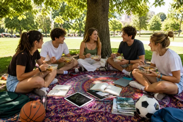 Grupo de estudiantes universitarios comiendo de tápers en un picnic improvisado bajo un árbol en un parque, sentados sobre un foulard colorido con libros, iPads, revistas y balones alrededor, en un ambiente relajado y social