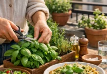 Se observa a las manos de un hombre que está seleccionando albahaca de su propia huerta. Se ve un plato recien preparado de pasta con pesto