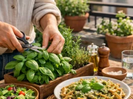 Se observa a las manos de un hombre que está seleccionando albahaca de su propia huerta. Se ve un plato recien preparado de pasta con pesto