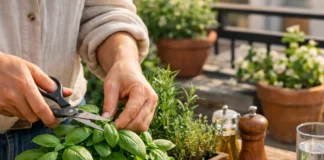 Se observa a las manos de un hombre que está seleccionando albahaca de su propia huerta. Se ve un plato recien preparado de pasta con pesto
