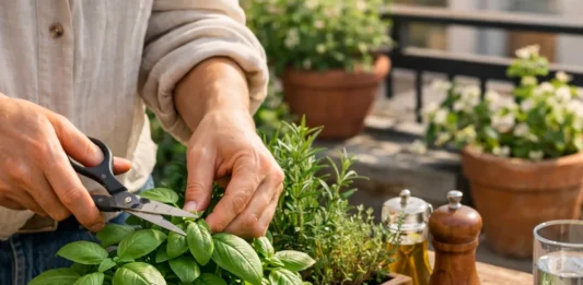 Se observa a las manos de un hombre que está seleccionando albahaca de su propia huerta. Se ve un plato recien preparado de pasta con pesto