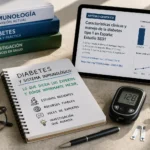 Imagen editorial sobre diabetes y sistema inmunológico con glucómetro, notas y artículos científicos que representan la investigación y fuentes fiables sobre la enfermedad