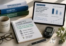 Más allá de la glucosa: claves expertas sobre diabetes y sistema inmunológico Imagen editorial sobre diabetes y sistema inmunológico con glucómetro, notas y artículos científicos que representan la investigación y fuentes fiables sobre la enfermedad
