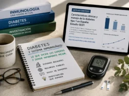 Imagen editorial sobre diabetes y sistema inmunológico con glucómetro, notas y artículos científicos que representan la investigación y fuentes fiables sobre la enfermedad