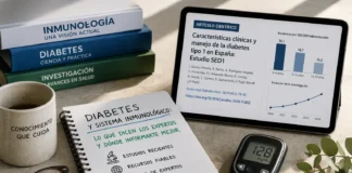 Imagen editorial sobre diabetes y sistema inmunológico con glucómetro, notas y artículos científicos que representan la investigación y fuentes fiables sobre la enfermedad