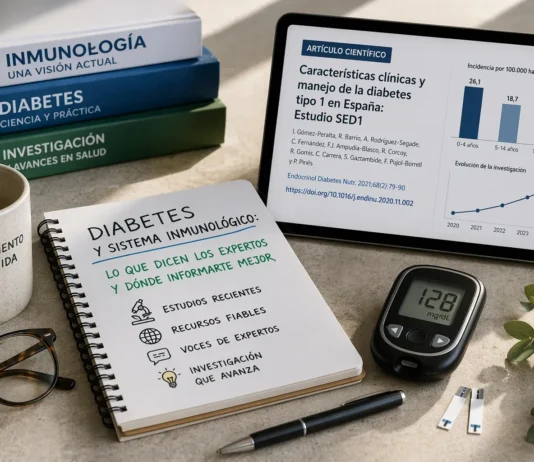 Imagen editorial sobre diabetes y sistema inmunológico con glucómetro, notas y artículos científicos que representan la investigación y fuentes fiables sobre la enfermedad
